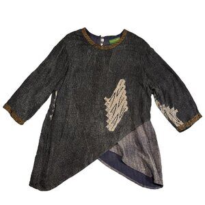 Kusnadi Lagenlook Patchwork Tunic Top Boho Oversize Grey Blouse Women's Sz M